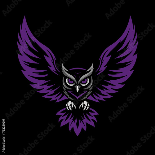 Majestic purple owl mascot flying with wings spread, an emblem or logo design element on a dark background for sports or education.