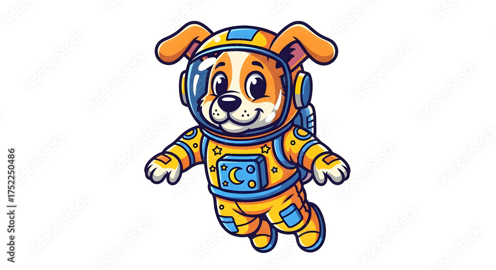 Obraz premium Adorable cartoon dog astronaut floating joyfully through space, ready for cosmic adventures and interstellar exploration.