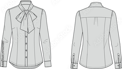 women blouse bow tie neckline fashion apparel garment clothing template vector sketch illustration design pattern fitted button cuff sleeve yoke seam tailored elegant stylish modern chic classic texti