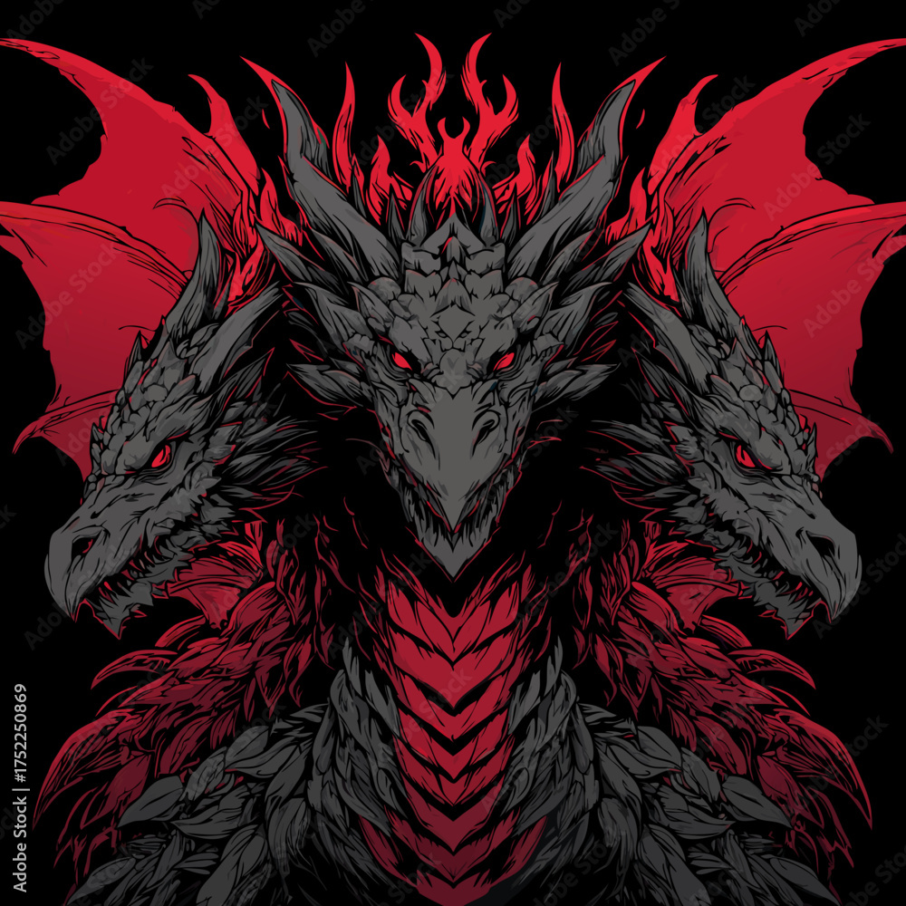Fototapeta premium Fierce Three-Headed Dragon - Dark Fantasy Art Illustration with Red and Black Scales, Mythical Beast with Fiery Eyes on Black Background