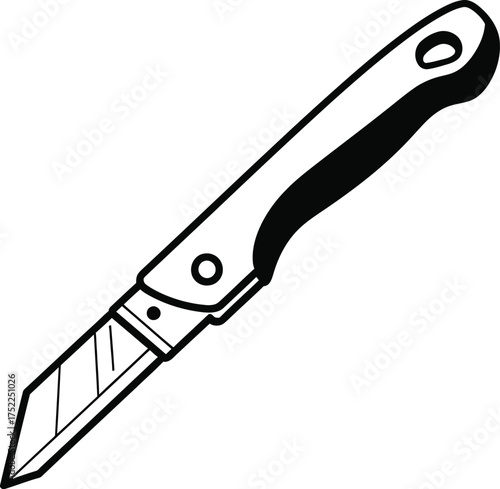 Black and white utility knife on a plain background, line art