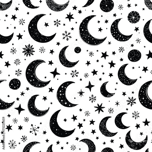 Celestial Seamless Pattern Vector Featuring Crescent Moons, Stars, and Snowflake Motifs in Stylized Night Sky Design