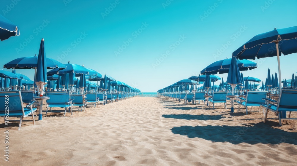 Obraz premium Empty beach with rows of blue parasol and sun lounger. Summer vacation travel concept. Resort holiday background with clear sky.