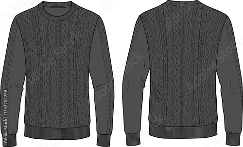 Cable knit sweater illustration, technical fashion flat, men apparel design, long sleeve pullover, ribbed cuffs, elbow patches, casual knitwear, garment construction
