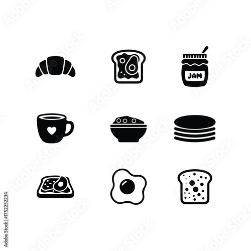 breakfast food icons set in black and white line style.