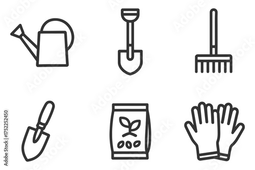 A set of gardening tools including a shovel, trowel, and watering can. Concept of outdoor work and the importance of maintaining a garden. Vector. 