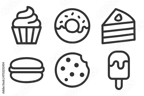 A series of food items including donuts, cupcakes, cookies, and ice cream. The image is in black and white and has a clean, simple design. Vector. 