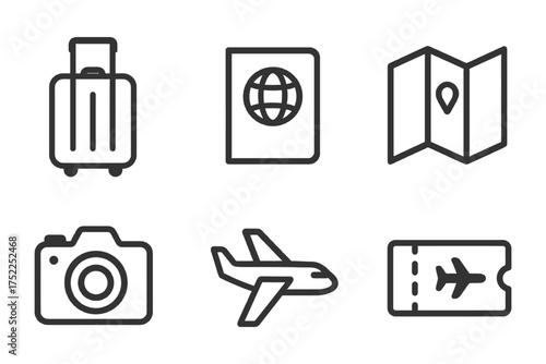 A set of icons for travel-related items, including a suitcase, passport, and airplane. The icons are all in black and white. Vector. 