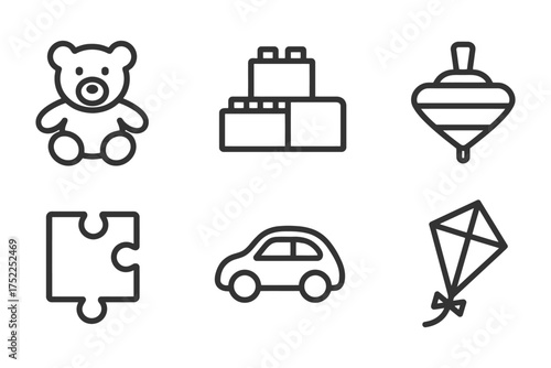 A set of six black and white icons of toys and games. The icons include a teddy bear, a car, a kite, a puzzle, a building block, and a top. Vector. 