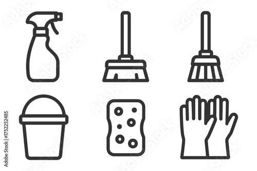 Cleaning supplies. A black and white drawing of a bucket, mop, and other cleaning supplies. Vector. 