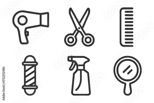 A set of six icons for hair care products. The icons include a brush, a comb, a hair dryer, a hair spray, a hair clipper, and a hairbrush. Vector. 