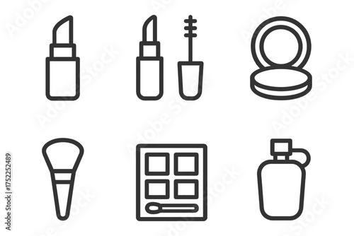 A set of cosmetics with a black and white color scheme. The cosmetics include a brush, a bottle, a tube, a compact, a mascara. Vector. 