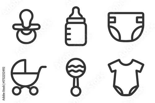 A set of baby items including a bottle, a pacifier, a diaper, a stroller, and a car seat. Vector. 