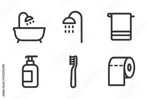 The image is a collection of bathroom icons, including a bathtub, shower, toilet, and toothbrush. Vector. 