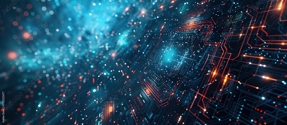 Fototapeta premium Digital Circuitry: An ethereal, futuristic design featuring intricate circuitry patterns, glowing lines, and a mesmerizing network of data flow.