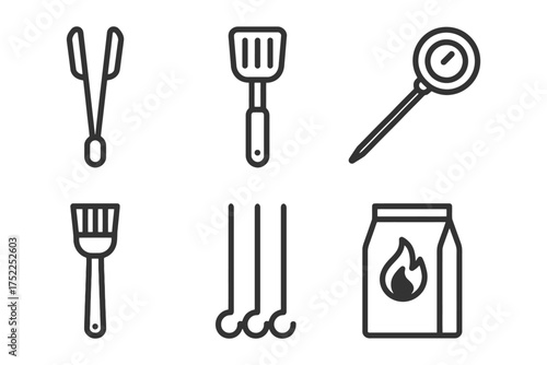 A set of cooking utensils and a bag of charcoal. The utensils include a spatula, tongs, and a fork. Vector. 