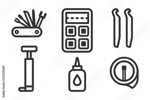 A set of tools and a calculator are shown in a black and white drawing. The tools include a screwdriver, a wrench, and a pair of pliers. Vector. 