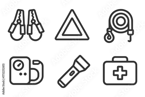 A set of icons for tools and equipment. The icons include a car jack, a tire iron, a flashlight, a first aid kit, a fire extinguisher. Vector. 
