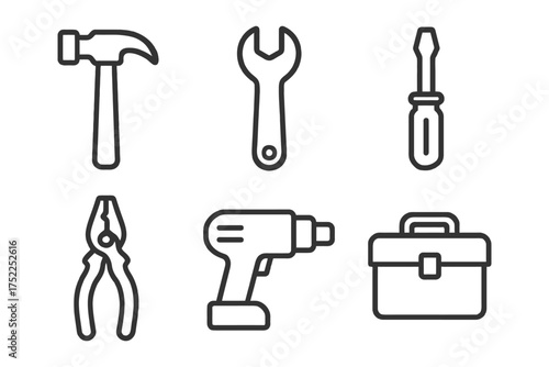 A set of tools including a hammer, pliers, and a screwdriver. The tools are all lined up next to each other. Vector. 