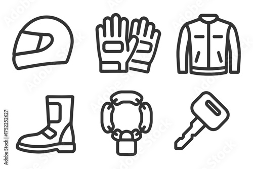 A set of six icons for motorcycle gear and accessories. The icons include a helmet, gloves, boots, a jacket, a key, and a lock. Vector. 