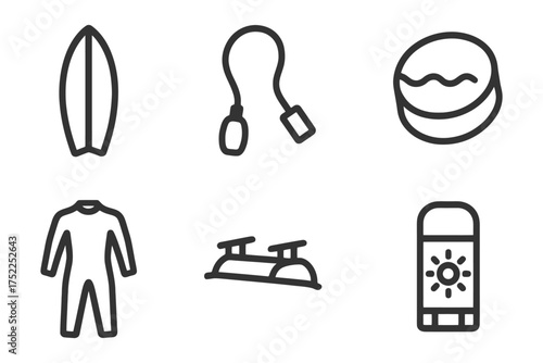 A collection of beach and water sports items. The items include a surfboard, a wetsuit, a surfboard leash, a surfboard, a surfboard. Vector. 