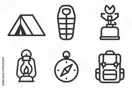 A set of icons for camping and hiking. The icons include a tent, a sleeping bag, a compass, a backpack, a lantern, and a fire starter. Vector. 