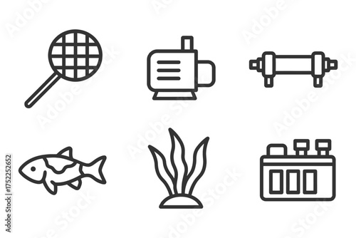 A black and white image of various aquatic items such as a fish, a net, and a pump. Vector. 
