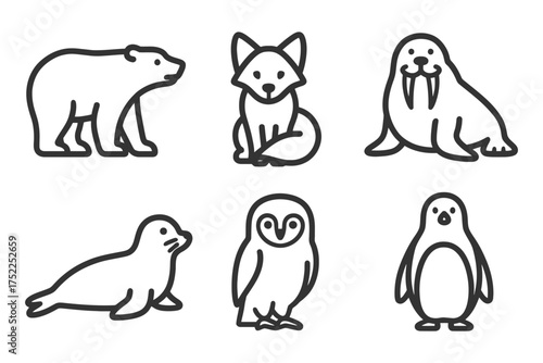 A series of black and white drawings of animals, including a penguin, a polar bear, a seal, a fox, an owl, and a walrus. Vector. 