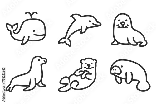 A series of black and white drawings of marine mammals. The drawings are of different species, including a dolphin, a seal, a sea lion. Vector. 