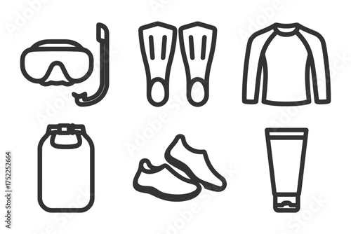 A set of items that are related to swimming and water sports. The items include goggles, a swimsuit, a pair of flippers, a cup, a bottle. Vector. 