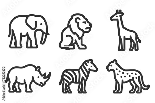A series of animals drawn in black and white, including a rhino, zebra, giraffe, and lion. Vector. 