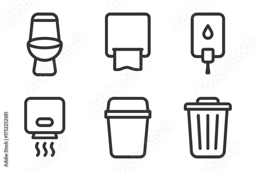 A set of six icons for bathroom facilities, including a toilet, paper dispenser, hand dryer, and trash can. Vector. 