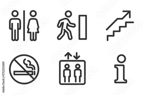 A set of icons for a building, including a no smoking sign, a staircase, and a sign for the bathroom. Vector. 