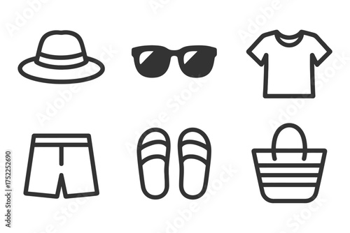 The image is a collection of clothing and accessories, including a hat, sunglasses, a shirt, shorts, sandals, and a handbag. Vector. 