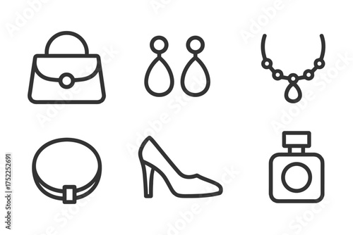 A set of fashion icons including a purse, a pair of shoes, a necklace, a bracelet, a pair of earrings, and a bottle of perfume. Vector. 