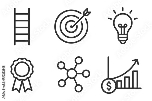 A series of icons that represent various concepts related to success and achievement. These icons include a ladder, a target, a light bulb. Vector. 