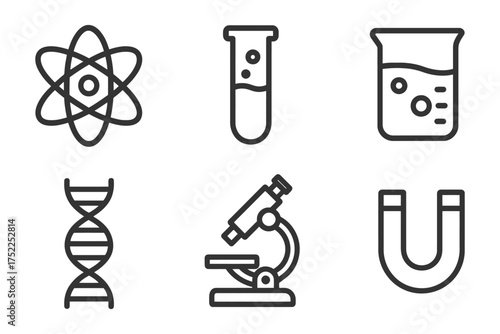 A series of scientific symbols and objects, including a DNA strand, a microscope, a beaker, a test tube, and a magnet. Vector. 