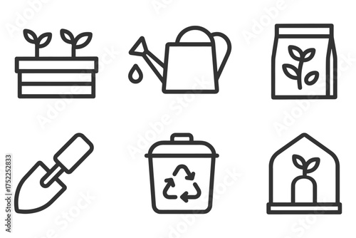 A set of six black and white icons for gardening tools and supplies. The icons include a watering can, a trowel, a bucket, a plant, a pot. Vector. 