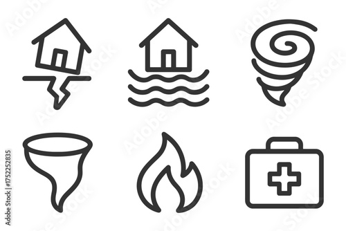 A series of icons for natural disasters, including a house, a house on fire, a house in a flood, a tornado, a fire, and a house on the groun. Vector. 