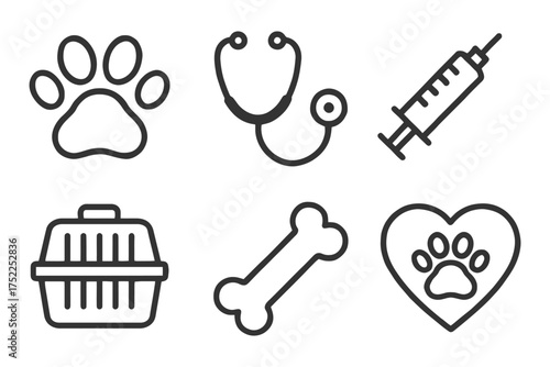 A set of six black and white icons for a pet clinic. The icons include a heart, a paw, a bone, a syringe, a stethoscope, and a cage. Vector. 