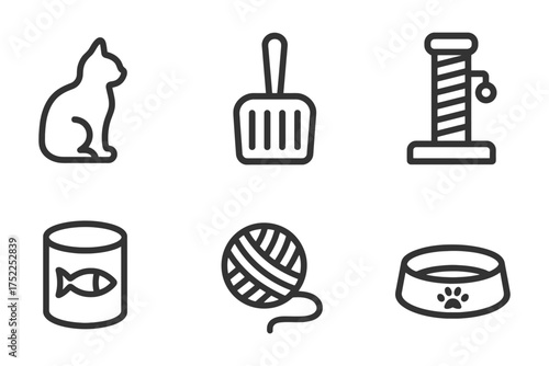A cat is sitting on a white background. A cat toy is next to the cat. Vector. 