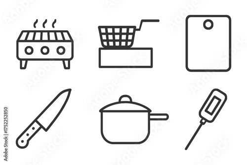 A set of kitchen utensils and appliances, including a knife, a frying pan, a spatula, and a thermometer. Vector. 