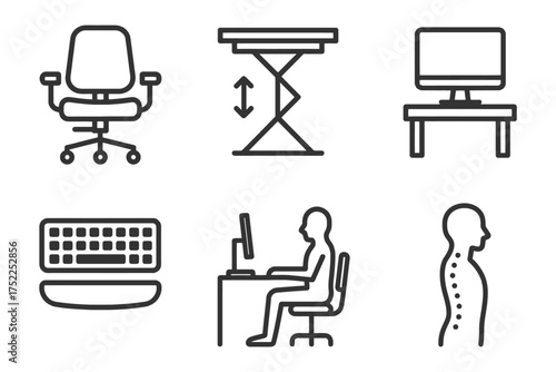 A series of icons for office furniture and ergonomic equipment. The icons include a keyboard, a computer monitor, a chair, a desk. Vector. 