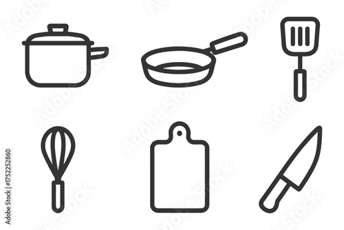 A set of kitchen utensils and tools, including a knife, spatula, whisk, and a pan. Vector. 