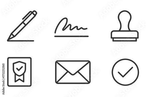 A variety of office supplies, including a pen, a stamp, a check mark, a signature, an envelope, and a check mark. Vector. 