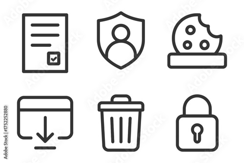 A set of icons for a computer program. The icons include a check mark, a person, a cookie, a trash can, a lock, and a key. Vector. 