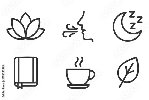 A series of icons for different activities, including reading, drinking coffee, and sleeping. The icons are all in black and white. Vector. 