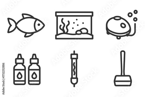 A series of black and white icons for fish, aquariums, and cleaning supplies. The icons are arranged in a row. Vector. 
