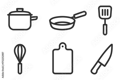 A set of kitchen utensils and cookware. The utensils include a knife, a spatula, a whisk, and a ladle. The cookware includes a frying pan. Vector. 