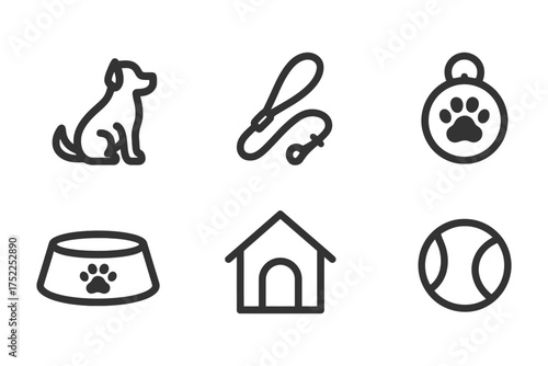 A dog is sitting on the ground next to a bowl. A leash is attached to the dog. A house is in the background. Vector. 